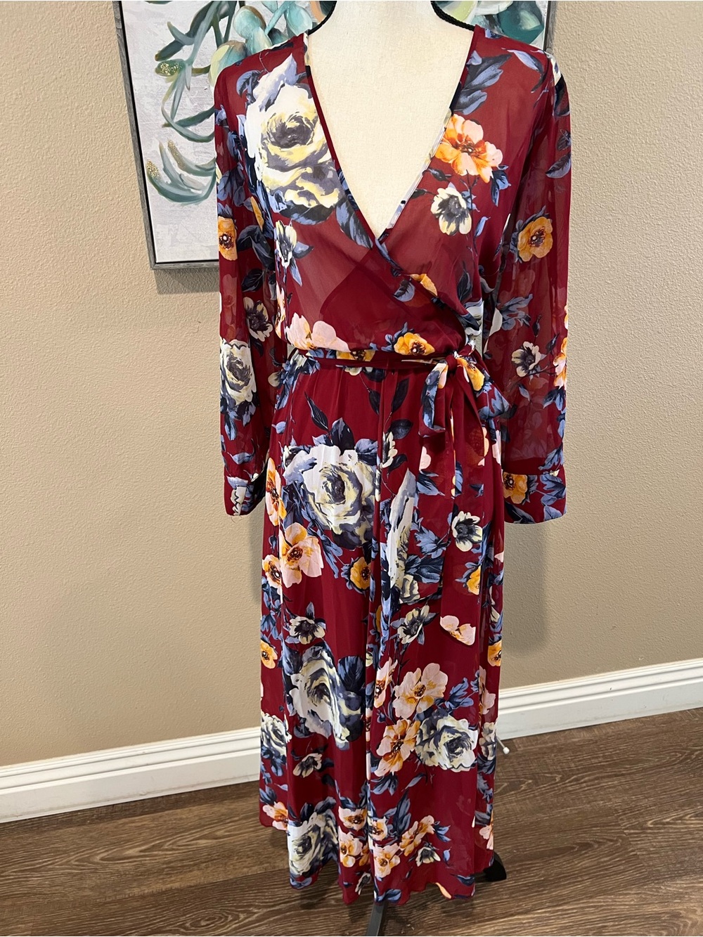Floral Burgundy Wrap Maxi Dress with Self-Tie Waist